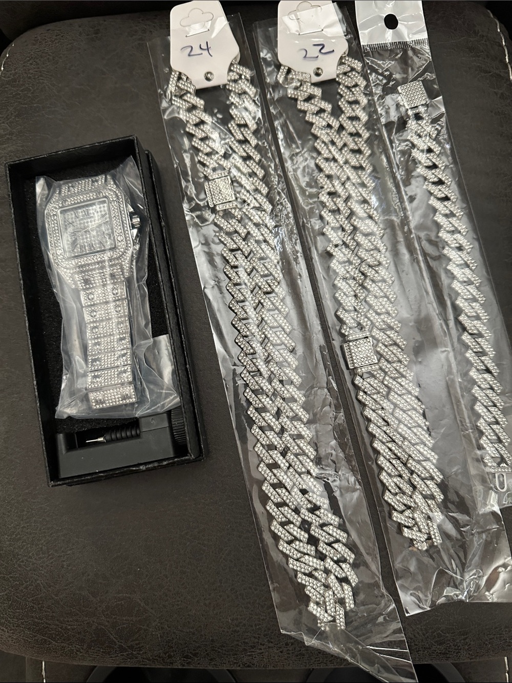 Iced-Out Watch with 2 Matching Cuban Chains/bracelet - Silver set
